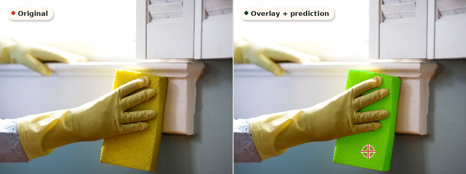 Affordance sample comparing the original sponge image with overlay and predicted point.