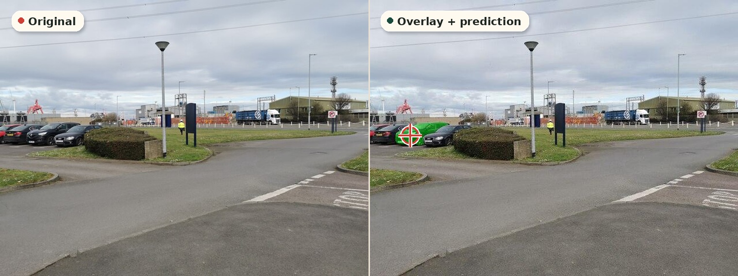 Reasoning sample comparing the original parking-lot image with overlay and predicted point.